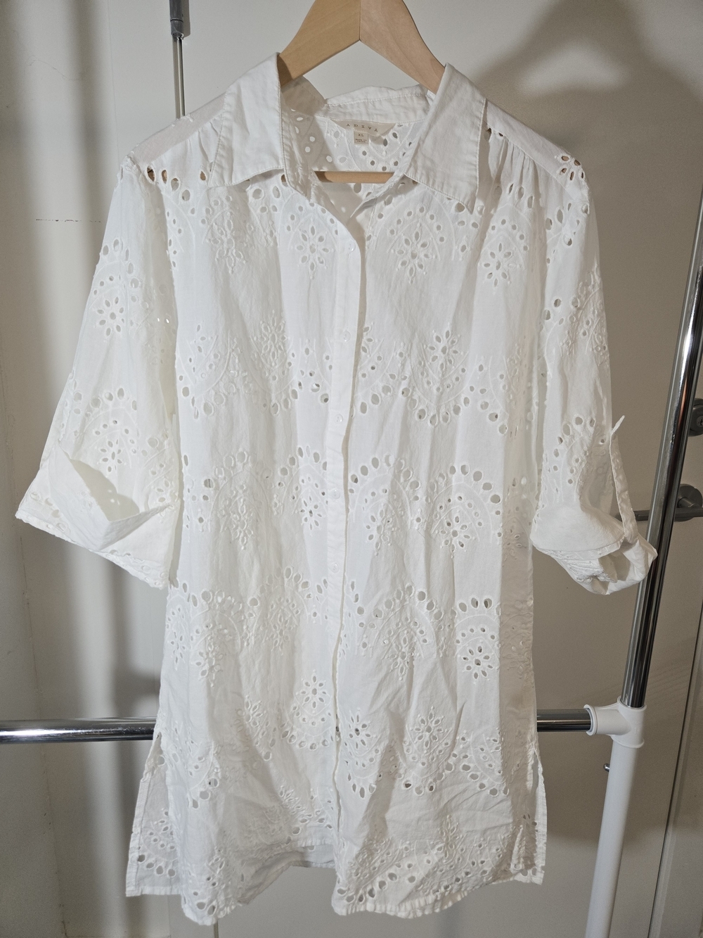 Women's White Eyelet Button-Down Shirt with Collar